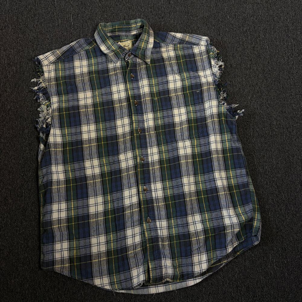 Vintage Y2k Eddie Bauer Navy Green Plaid Flannel Cut Off Sleeveless Button Up L